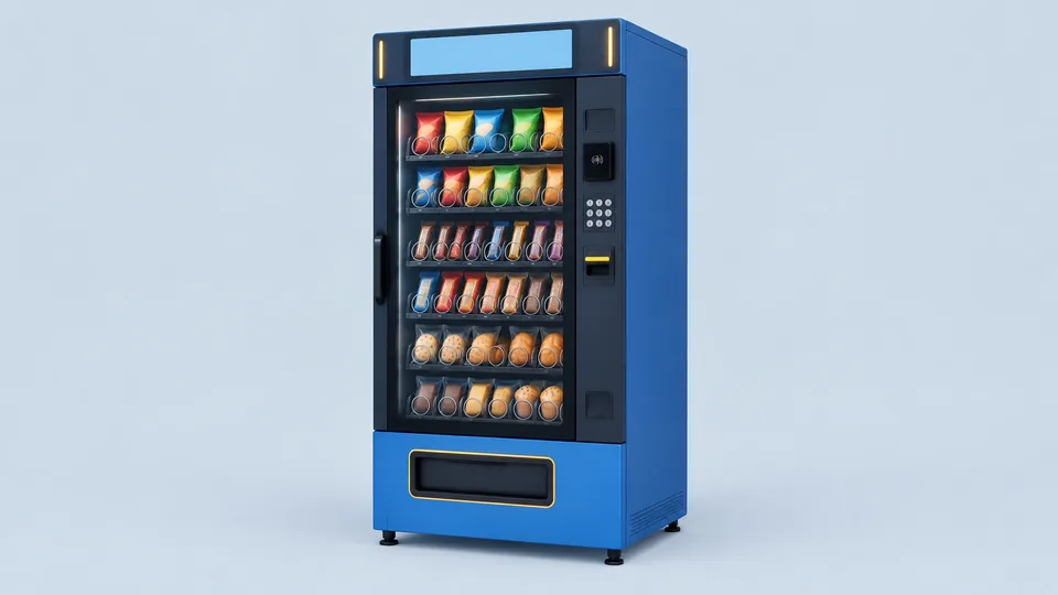 Unbranded Crane Merchant Media Snack, a glass-front coil snack merchandiser with a blank digital display panel