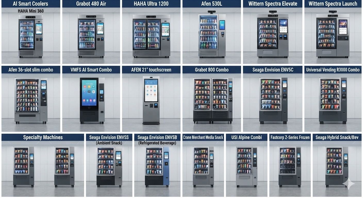 Lineup of the vending machines and smart coolers Smart Systems Vending places, including coolers, combo, snack, beverage, and specialty machines