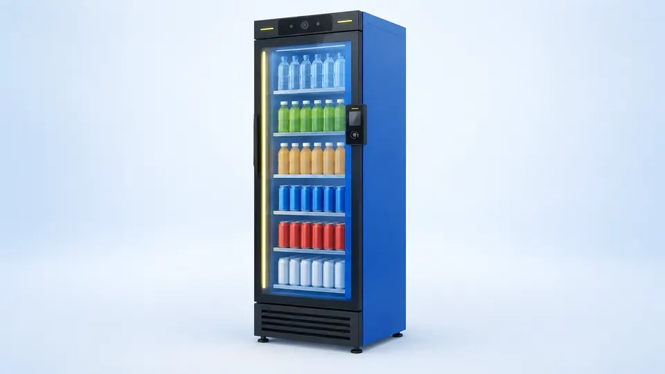 Unbranded Grabot 480 Air AI Smart Cooler, a tall glass-front grab-and-go refrigerated cooler with shelves of drinks