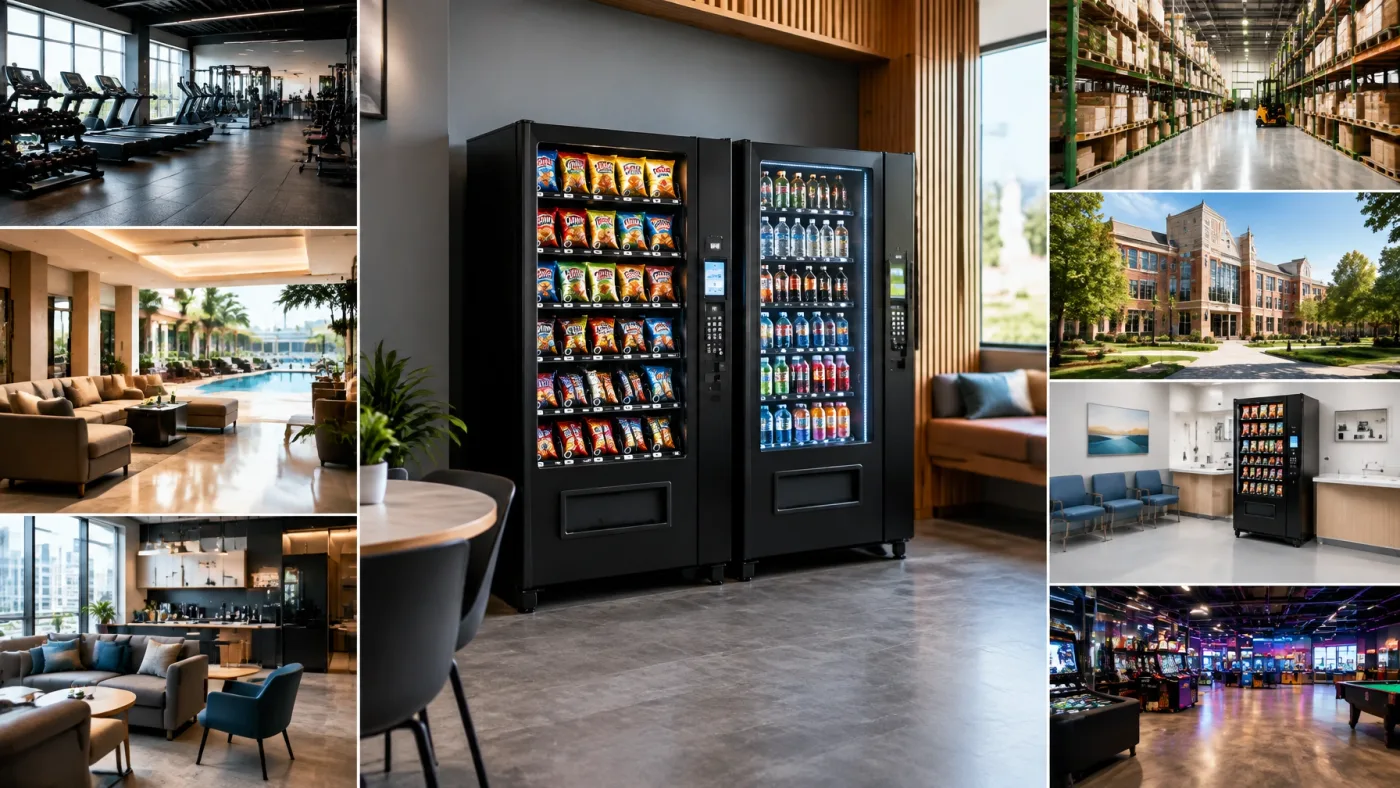 A bright, modern vending machine stocked with snacks and drinks