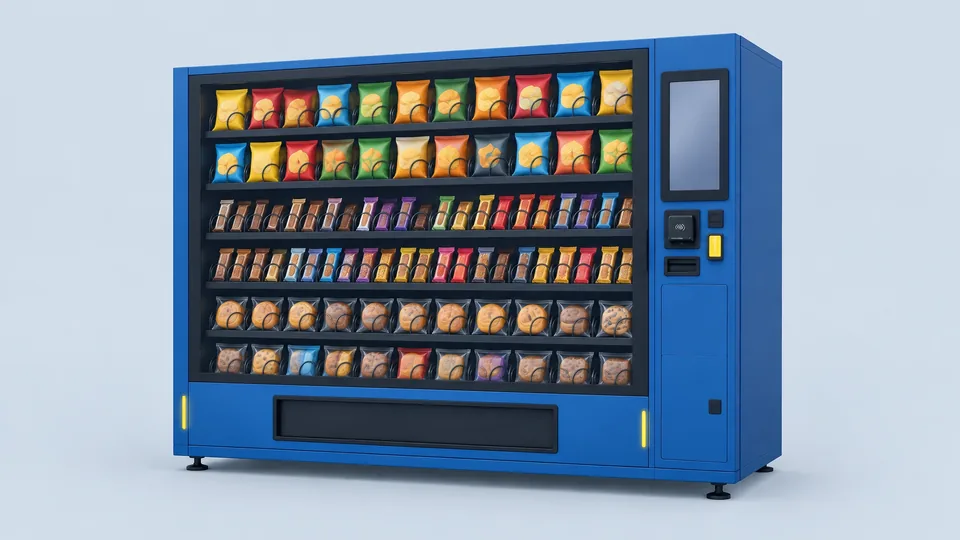 Unbranded Koolmore 60-Slot Large Touchscreen Snack Merchandiser, an extra-wide glass-front snack machine with horizontal shelves