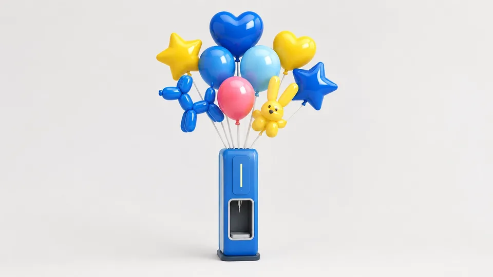 Sweet Robo Balloon Bot, a slim robotic balloon dispensing unit presenting glossy balloons on sticks