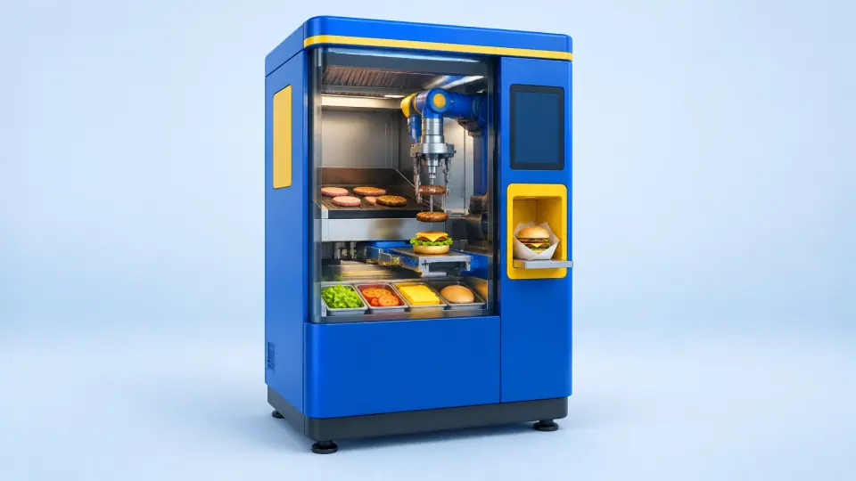 Robotic burger machine with a visible grilling and assembly arm and wrapped burger