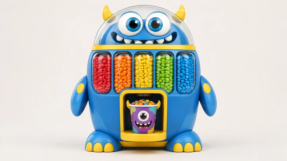 Sweet Robo Candy Monster, a character-fronted candy robot with five candy sections and a collectible monster cup