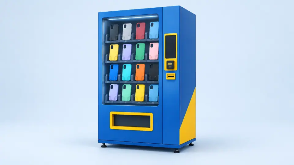Phone-case vending machine displaying a grid of colorful blank phone cases