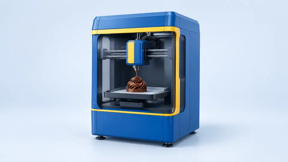 3D chocolate printer producing a printed chocolate piece on a small tray