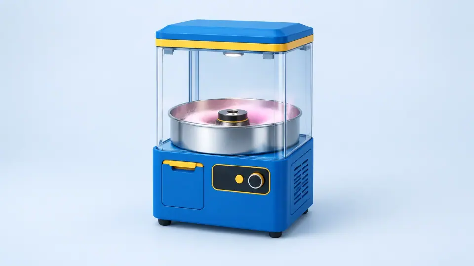 Compact countertop robotic cotton candy machine with a small spinning bowl