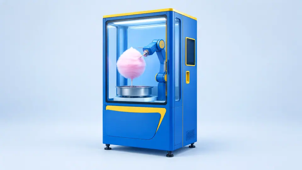 Tall full-size robotic cotton candy cabinet with a glass front and spinning cotton candy arm