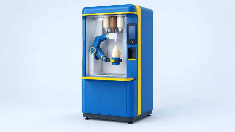 Tall freestanding soft-serve robot with a robotic arm and lidded serving cup
