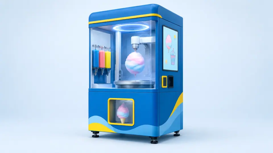 Full-size robotic cotton candy cabinet with a frozen-drink-inspired unbranded design