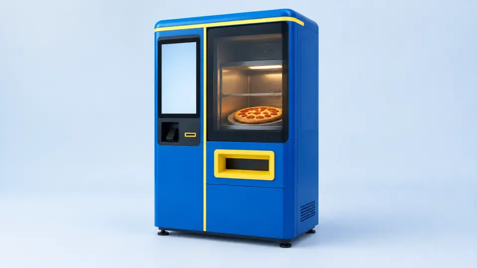Freestanding indoor pizza kiosk with a touchscreen and pizza visible inside
