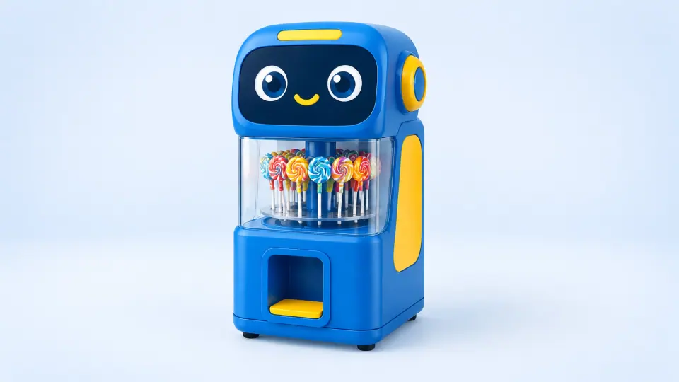 Small friendly character-fronted countertop lollipop robot