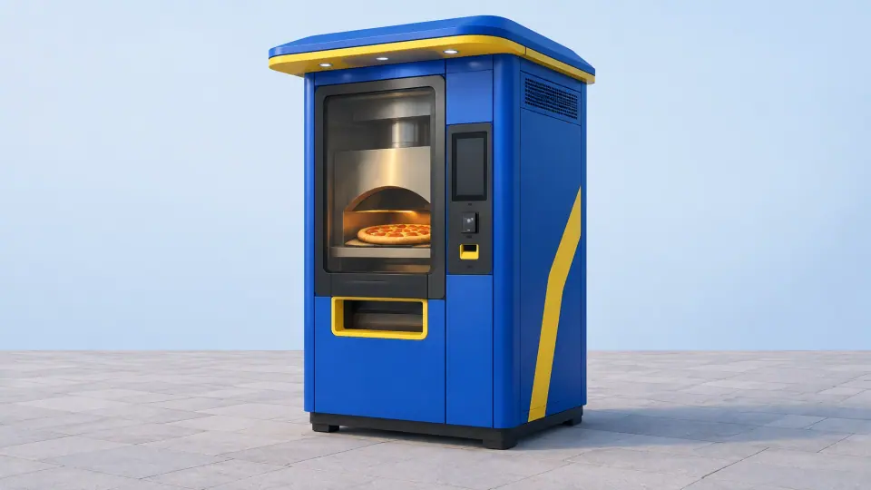Large weather-ready outdoor pizza kiosk standing on a paved forecourt