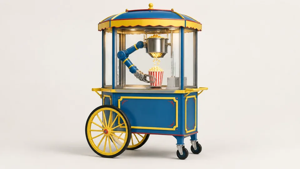 Sweet Robo PopCart, a vintage-style robotic popcorn cart popping a fresh serving to order