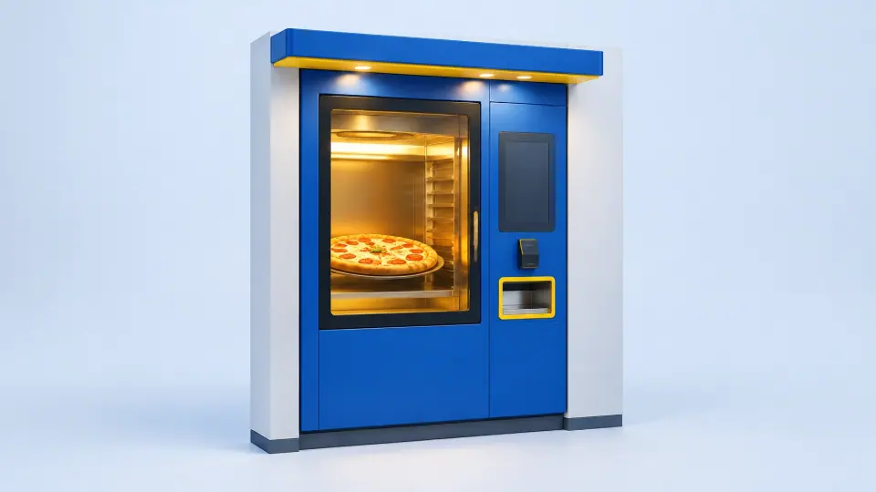 Wall-recessed pizza kiosk with a warm glowing interior and pizza visible through glass