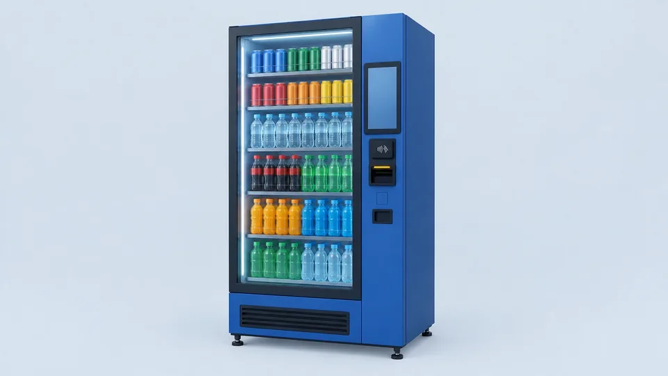 Unbranded Seaga Envision ENV5B Beverage Vending Machine, a full-size glass-front refrigerated drink cabinet