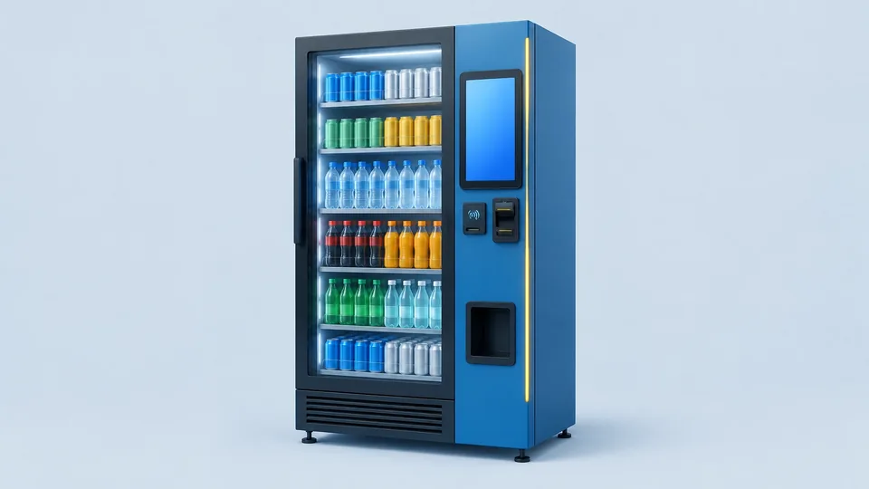 Unbranded TCN Smart Digital Drink Machine, a glass-front refrigerated beverage cabinet with a side display panel