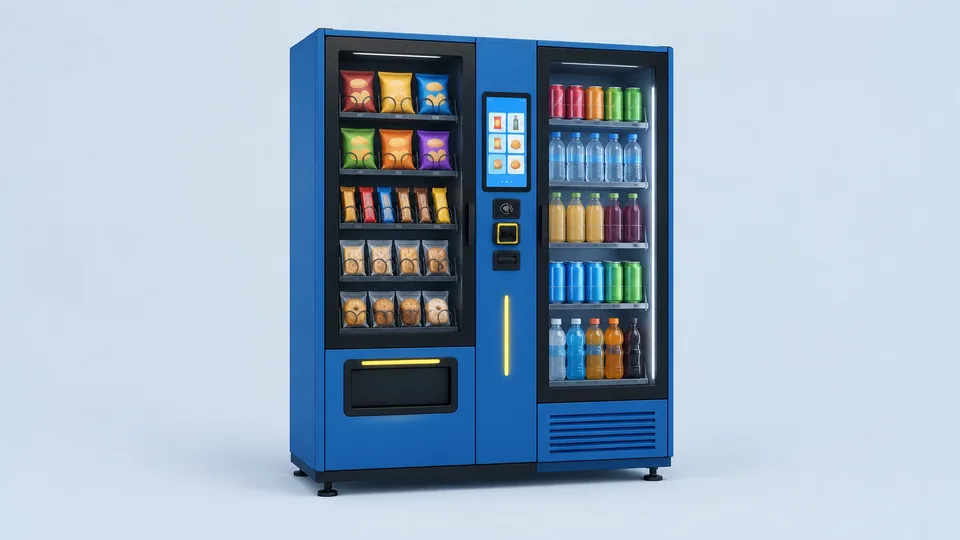 Unbranded VMFS AI Smart Combo Vending Machine, a glass-front snack-and-drink combo cabinet with a touchscreen