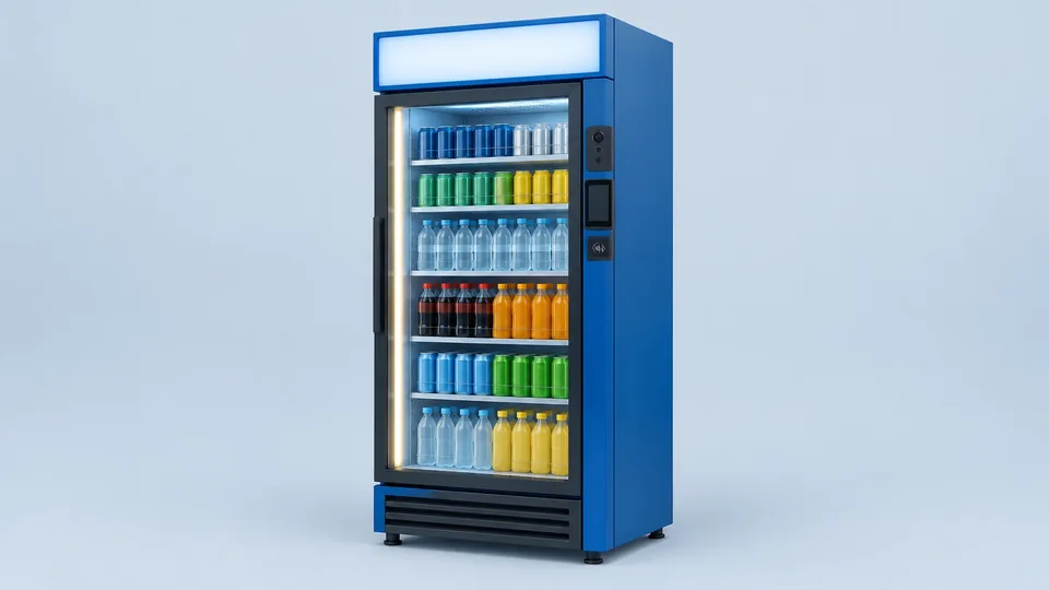 Unbranded Wittern Spectra Elevate AI Smart Cooler, a large-format glass-front refrigerated beverage cooler