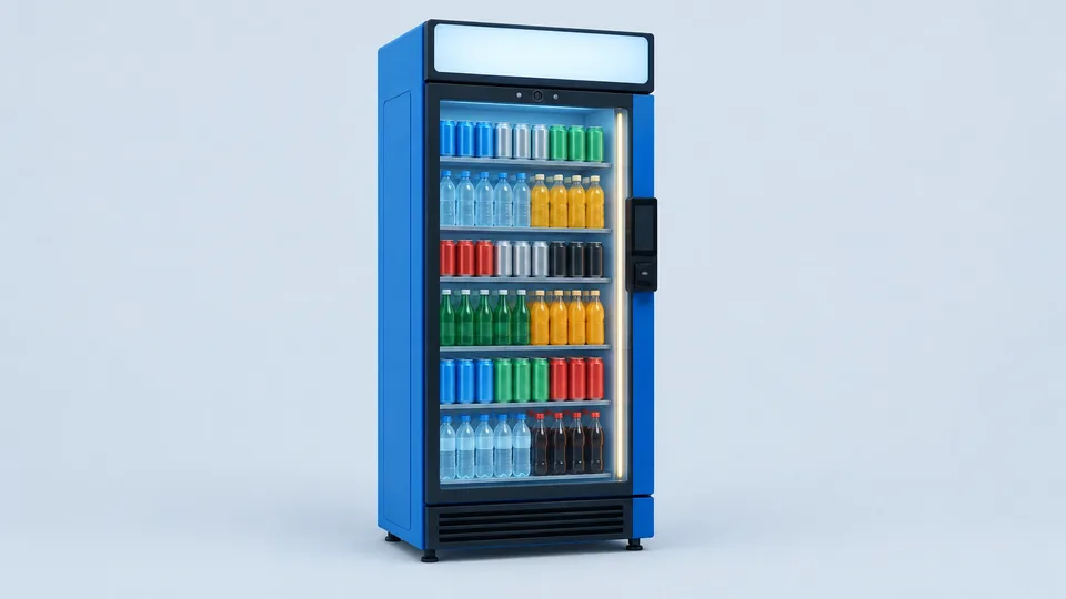 Unbranded Wittern Spectra Launch AI Smart Cooler, a wide glass-front refrigerated beverage cooler with a blank display header